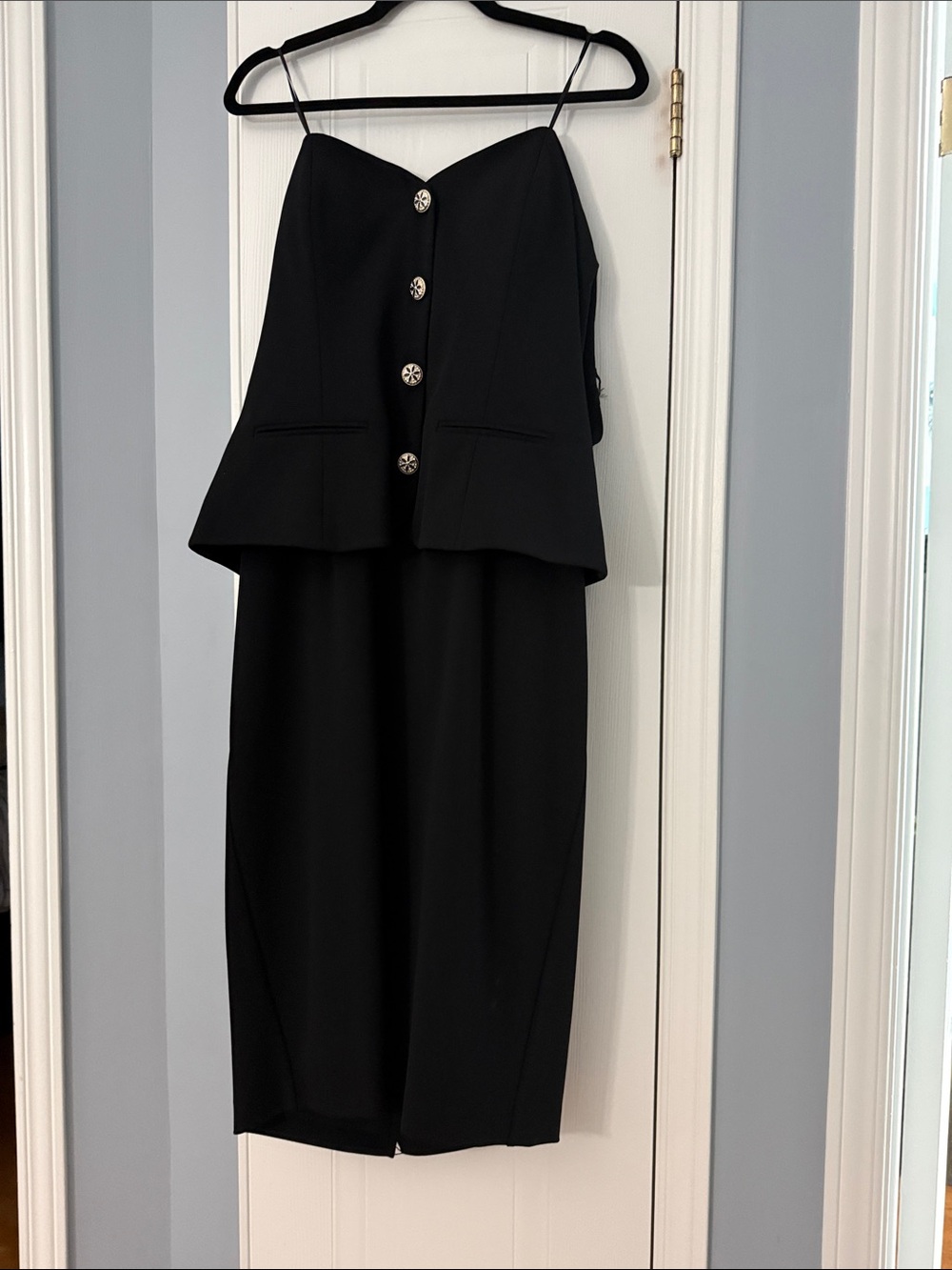 Strapless Black Peplum Dress with Decorative Buttons